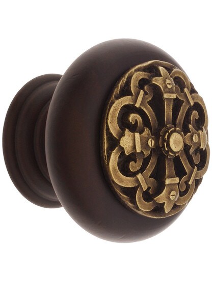 1 1/2 inch Diameter Chateau Knob in Dark Walnut/Antique Brass.